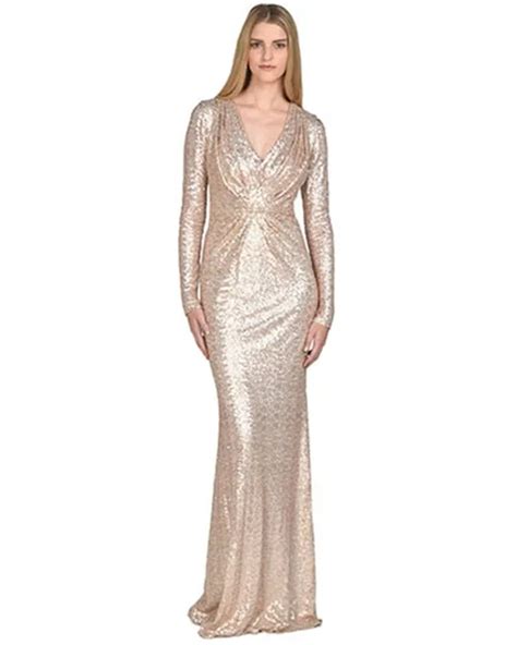 Rose Gold Sequins Evening Dresses Formal Sexy V Neck Ruched With Long