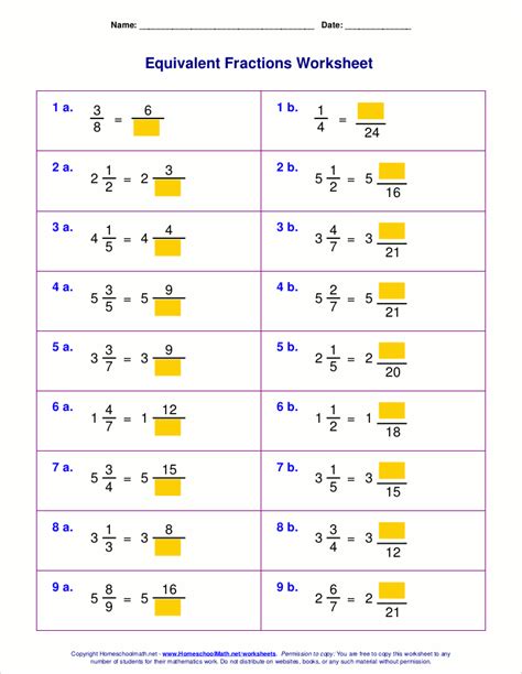 Equivalent Fractions Mixed Numbers Worksheet
