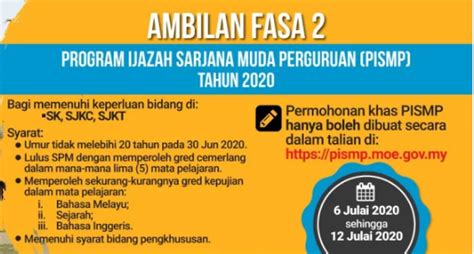 Permohonan upuonline dibuka pada 4 januari untuk kemasukan sesi akademik 2021/2022. Permohonan Khas PISMP Ambilan Fasa 2 Tahun 2020