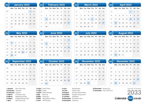 Calendar 2033