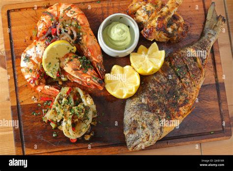 Mixed Seafood Platter With Tiger Prawns Calamari And Whole Grilled