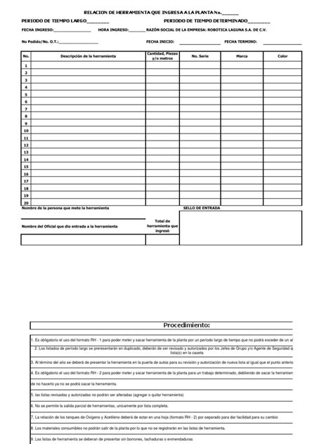 Formato De Registro De Herramienta 2012 Pdf