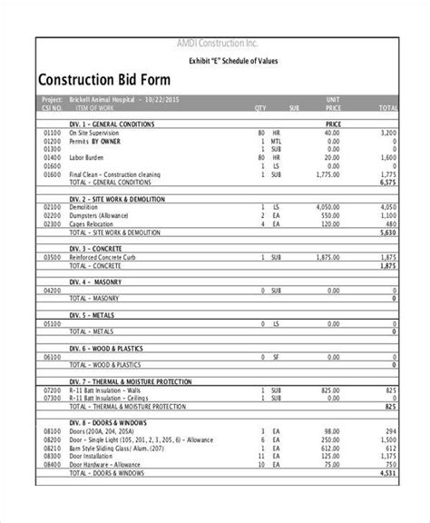 Bid Template For Contractors Beautiful Sample Construction Form 21 Free