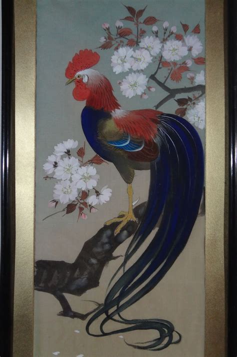 Pair Signed Japanese Rooster And Hen Paintings 20th Century Japan