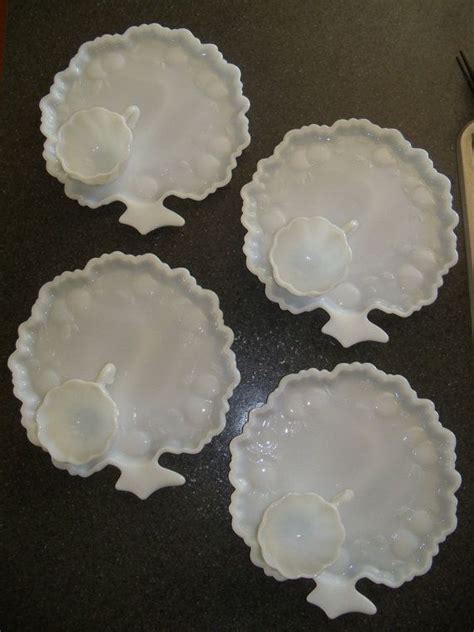 Vintage Hazel Atlas Apple Tree Milk Glass Snack Plates W Cups Milk