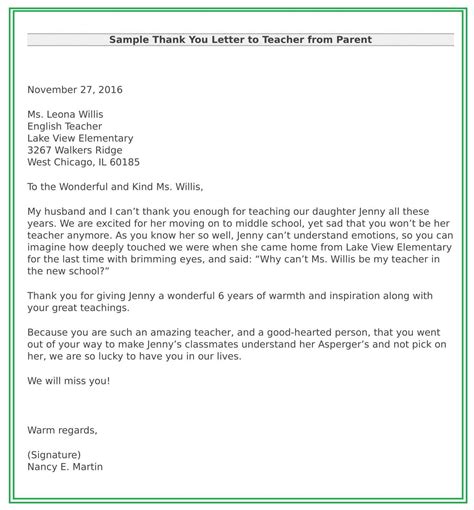 Teacher Thank You Letter From Parent