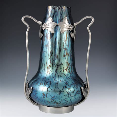 Titus Omega Loetz Iridescent Glass Vase With Van Hauten Pewter Mount