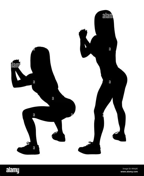 Black Silhouette Of Set Of Sporty Woman Shows Squats Steps For Buttocks