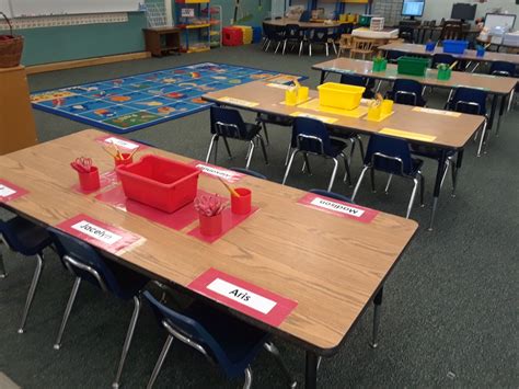 Color Tables Set Up And Ready For The First Day Of School Kindergarten Classroom Setup Prek