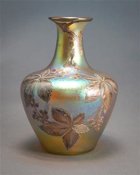 Lot Loetz Silver Overlay Gold Iridescent Glass Vase Circa 1900