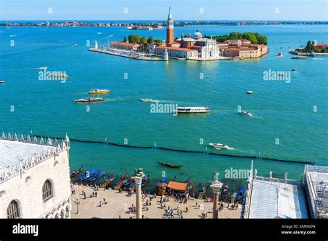Aerial View Of Venice Italy Piazza San Marco Or St Mark`s Square And Seafront With Gondolas