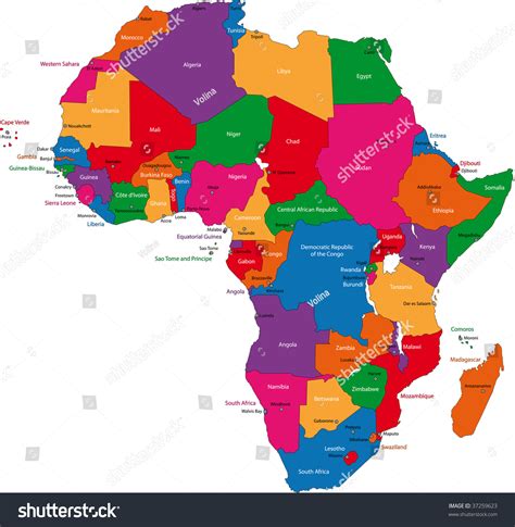 Colorful Africa Map Countries Capital Cities Ilustrações Stock