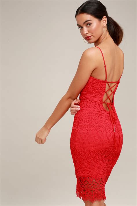 Sexy Red Lace Bodycon Dress Lace Up Midi Dress Lulus