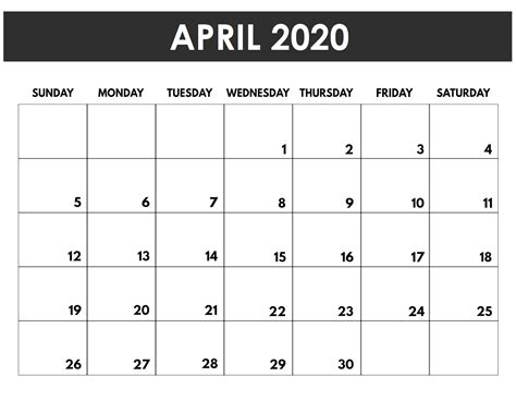 April 2020 Calendar Editable Free 2020 Printable Calendar Blank