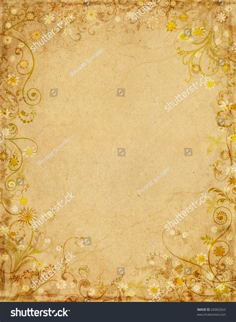 Old Grungy Paper With A Floral Border Design Stock Photo