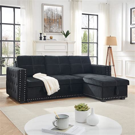 Buy Sectional Sofa With Pull Out Bed Habitrio Solid Wood And Velvet