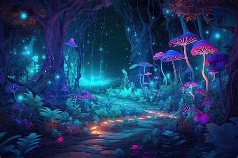 Premium Ai Image Magical Forest At Night Bioluminescent Fungi And