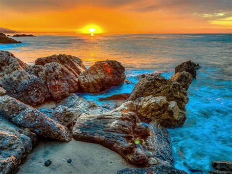 Sunset Rocks Sea Beach Background Hd 08523