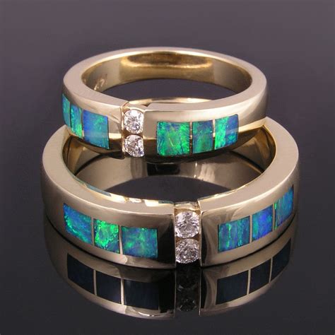 Australian Opal Wedding Ring Set With Diamonds In 14k Gold The