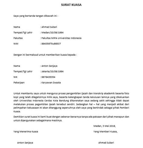 Contoh Surat Kuasa Pengambilan Ijazah Gunadarma Kumpulan Letter