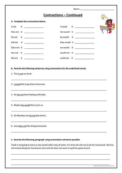contractions worksheet  esl printable worksheets   teachers
