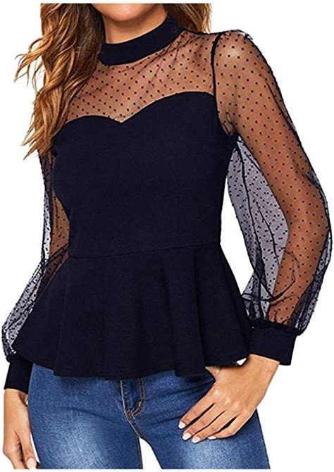 Kangma Sexy Sheer Mesh Bishop Sleeve Mock Neck Peplum Shirt Ol Blouse Tops For Women At Amazon