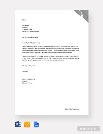 personal emergency leave letter template word