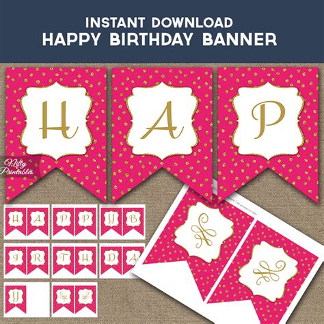 Happy Birthday Banner Hot Pink Gold Dots Nifty Printables