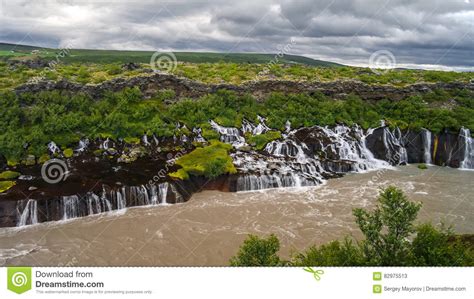 Landscape Hraunfossar Waterfall On Hvita River Iceland Stock Image