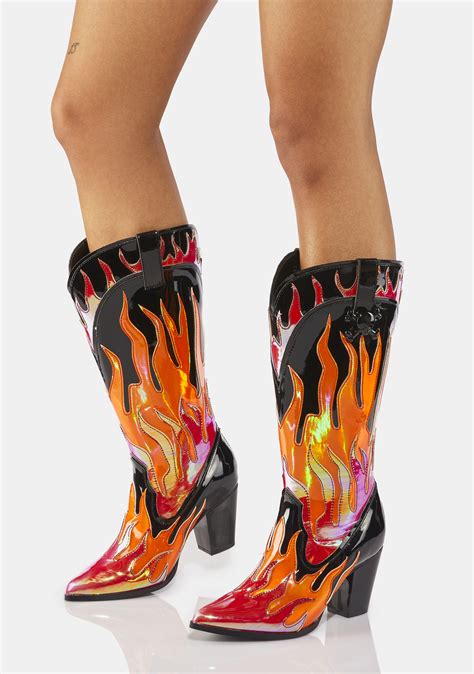 Yru Flame Cowboy Boots Black Red Dolls Kill