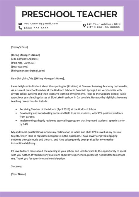 Preschool Teacher Cover Letter Example And Writing Tips