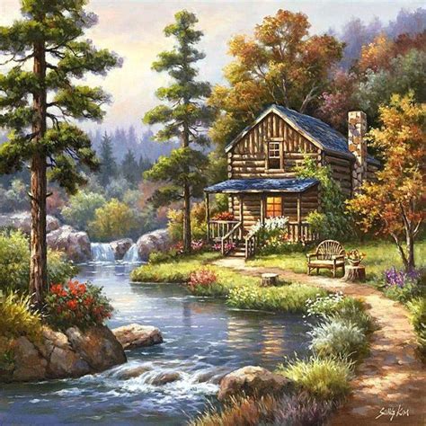 The Log Cabin By The Fallls Pictures To Paint Painting Cottage Art