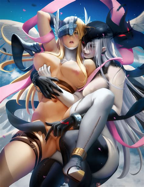 Rule 34 2girls Angel Angewomon Armor Big Breasts Breast Hold Breasts Devil Digimon Digimon