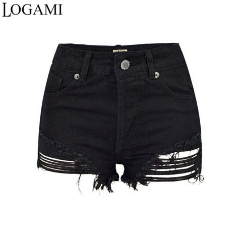 Logami High Waist Shorts Women Ripped Sexy Jeans Short Irregular Womens Denim Shorts Black In