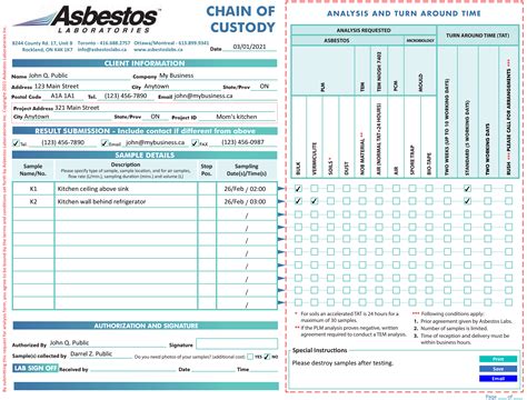 Chain Of Custody Form For Testing Designated Substances