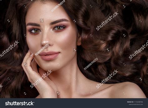 Beautiful Brunette Model Curls Classic Makeup Stock Photo 1110208706
