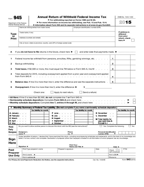 Form 945 Annual Return Of Withheld Federal Income Tax Form 2015