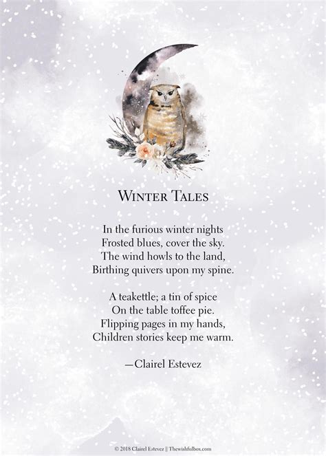 An Owl Sitting On Top Of A Snow Covered Ground Next To A Poem Written
