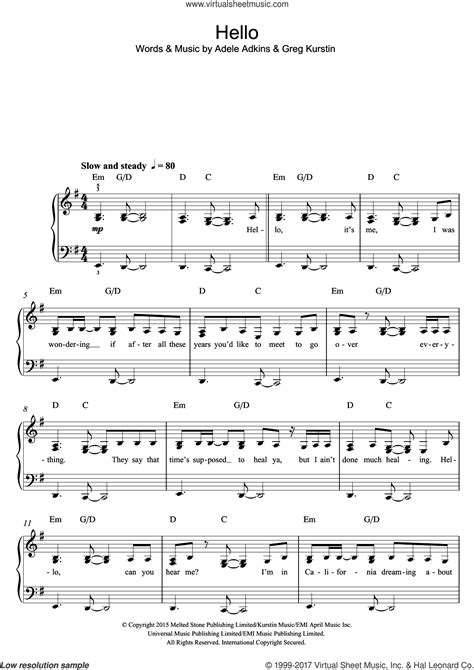 Adele Hello Sheet Music For Piano Solo Beginners Pdf