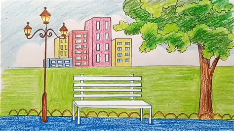How To Draw Scenery Of City Park Step By Step Youtube