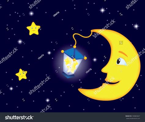 Cartoon Moonlit Night Smiling Moon Stars Stock Vector 100865827