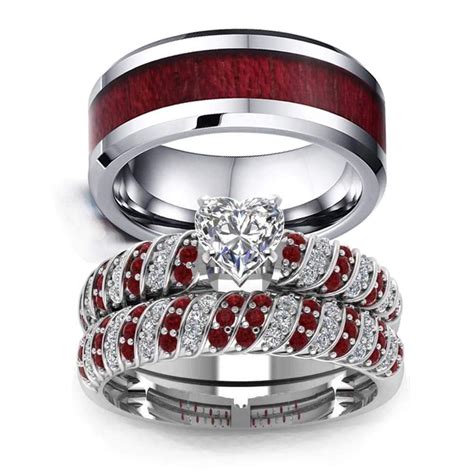 Couple Ring Bridal Set His Hers Women 10k White Gold Filled Heart Garnet Cz Men Tungsten Carbide