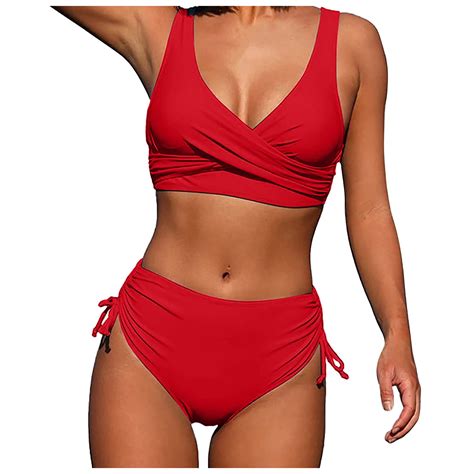 Cuoff Bikini Womens Split Solid Colour Strappy High Waist Sexy Swimsuit Red S