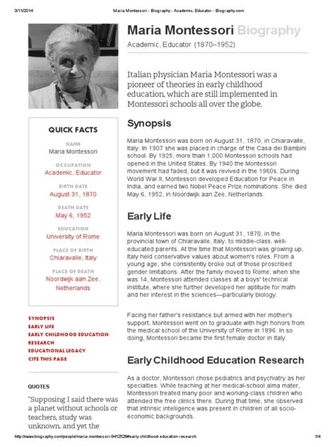 Maria Montessori - Biography - Academic, Educator - Biography.pdf | Montessori Education | Cognition