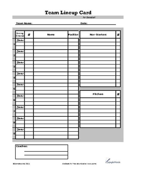 Printable Baseball Lineup Card Printable World Holiday