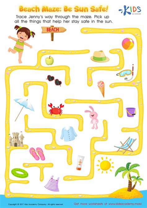 Beach Maze Sun Safe Worksheet Free Printable Pdf For Children