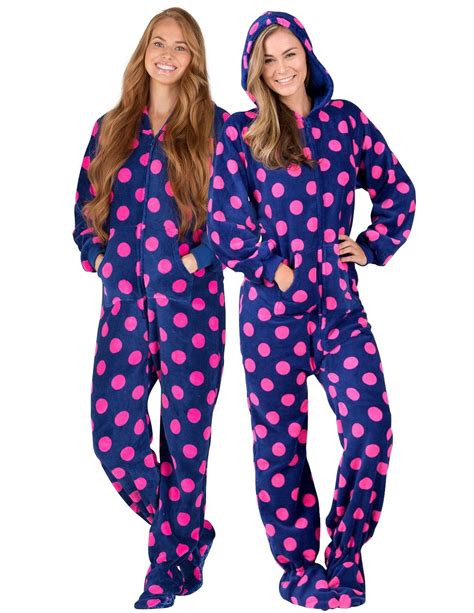 Footed Pajamas Navy Pink Polka Adult Hoodie Chenille One Piece Adult Double Xl Wide Fits