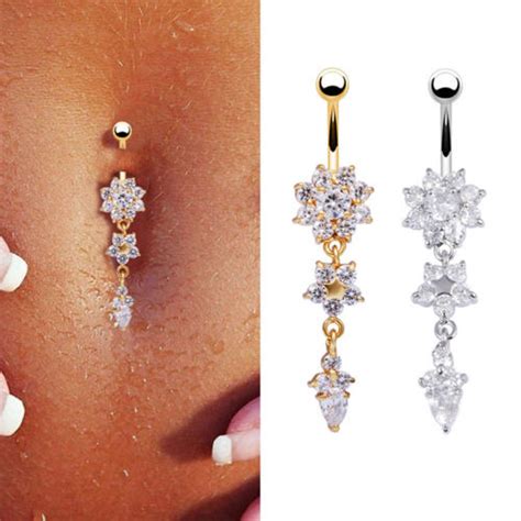 Sexy Dangle Belly Bars Belly Button Rings Belly Piercing Cz Crystal Flower Body Jewelry Navel