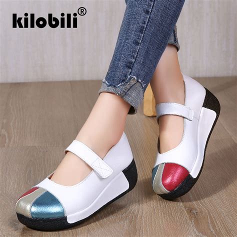 Kilobili 2019 Summer Women Flat Platform Shoes Woman Breathable Genuine