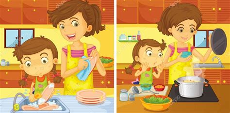 Niña Ayudando A Mamá En La Cocina — Vector De Stock © Interactimages